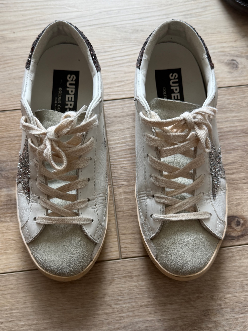 Golden Goose White Leather Super-Star Sneakers w/ Silver & Brown Glitter - Picture 3 of 6